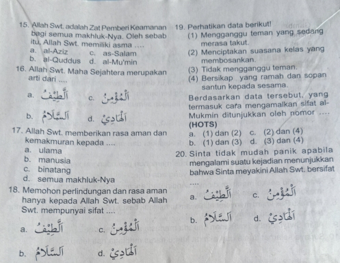 Allah Swt. adalah Zat Pemberi Keamanan 19. Perhatikan data berikut!
bagi semua makhluk-Nya. Oleh sebab (1) Mengganggu teman yang sedang
itu, Allah Swt. memiliki asma .... merasa takut.
a. al-Aziz c. as-Salam (2) Menciptakan suasana kelas yang
b. al-Quddus d. al-Mu'min membosankan
16. Allah Swt. Maha Sejahtera merupakan (3) Tidak mengganggu teman.
arti dari .
(4) Bersikap yang ramah dan sopan
santun kepada sesama.
a.
C.
Berdasarkan data tersebut, yang
termasuk cara mengamalkan sifat al-
b. d.
Mukmin ditunjukkan oleh nomor . . .
17. Allah Swt. memberikan rasa aman dan a. (1) dan (2) (HOTS) c. (2) dan (4)
kemakmuran kepada ....
b. (1) dan (3) d. (3) dan (4)
a. ulama
20. Sinta tidak mudah panik apabila
b. manusia
mengalami suatu kejadian menunjukkan
c. binatang bahwa Sinta meyakini Allah Swt. bersifat
d. semua makhluk-Nya
18. Memohon perlindungan dan rasa aman
hanya kepada Allah Swt. sebab Allah a. C.
Swt. mempunyai sifat ....
b. d.
a. C.
b.
d.