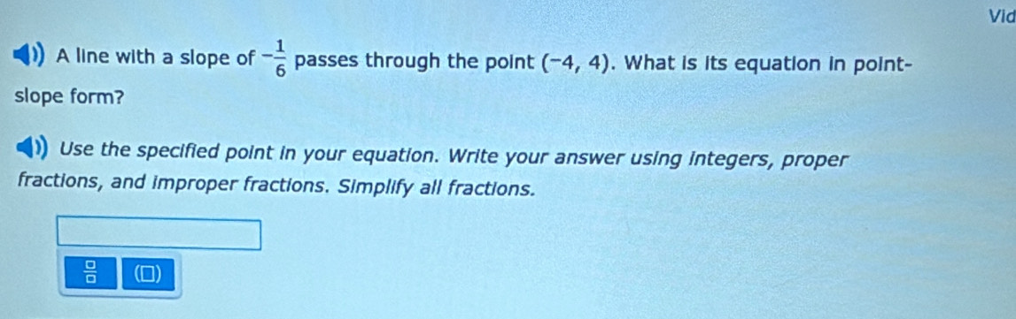 Vid 
A line with a slope of - 1/6  passes through the point (-4,4). What is its equation in point- 
slope form? 
Use the specified point in your equation. Write your answer using integers, proper 
fractions, and improper fractions. Simplify all fractions.
 □ /□   (D)