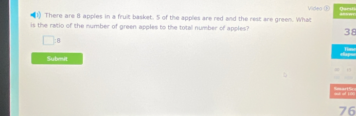 Video Questi 
)) There are 8 apples in a fruit basket. 5 of the apples are red and the rest are green. What answe 
is the ratio of the number of green apples to the total number of apples?
38
□ :8
Time 
elapse 
Submit 
00 15 
SmartSc 
out of 100
76