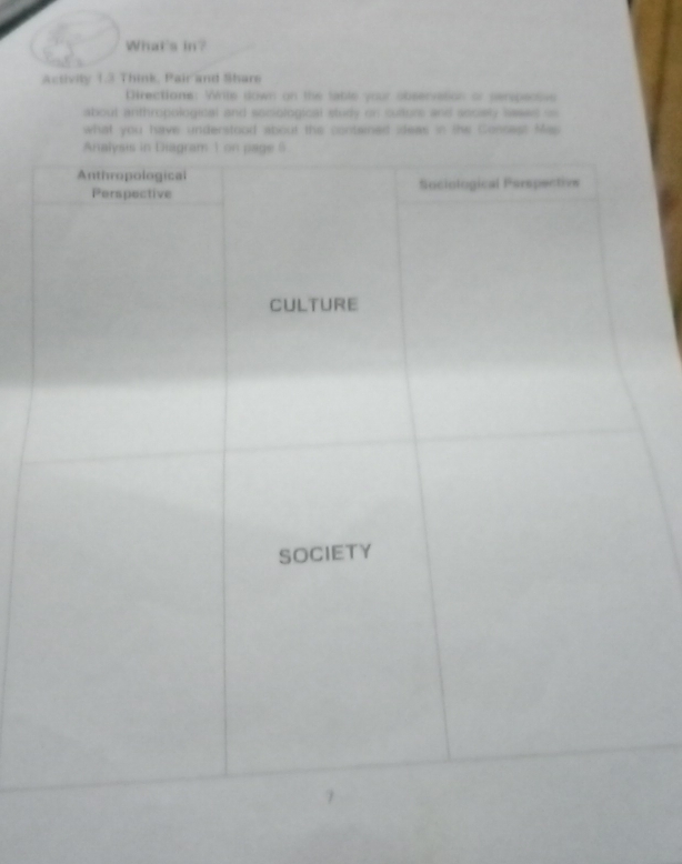 What's in? 
Activily 1.3 Think. Pair and Share 
Directions: Write down on the table your observation or peripective 
about anthropological and sociological study on culturs and society lases in 
what you have understood about the contained ideas in the Consest Mas