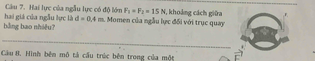 Hai lực của ngẫu lực có độ lớn F_1=F_2=15N *, khoảng cách giữa 
hai giá của ngẫu lực là d=0, 4m 1. Momen của ngẫu lực đối với trục quay 
bằng bao nhiêu? 
Câu 8. Hình bên mô tả cấu trúc bên trong của một