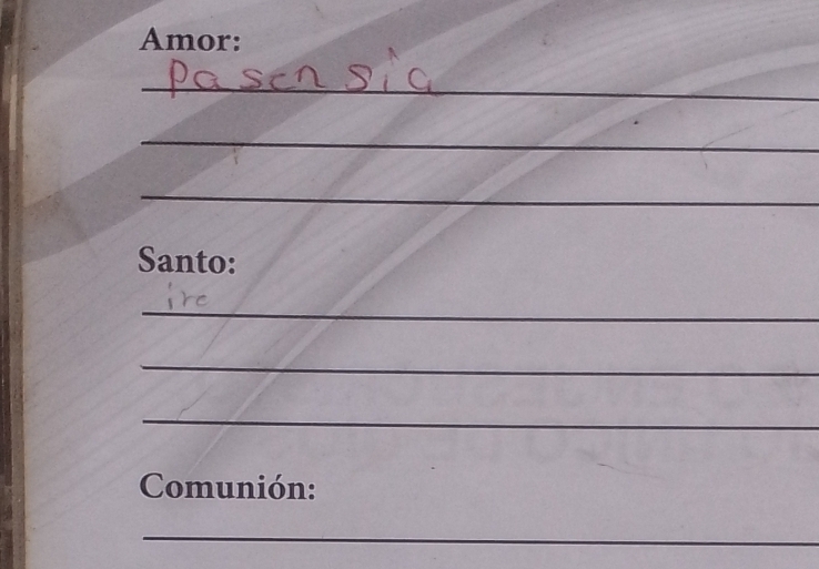 Amor: 
_ 
_ 
_ 
Santo: 
_ 
_ 
_ 
Comunión: 
_