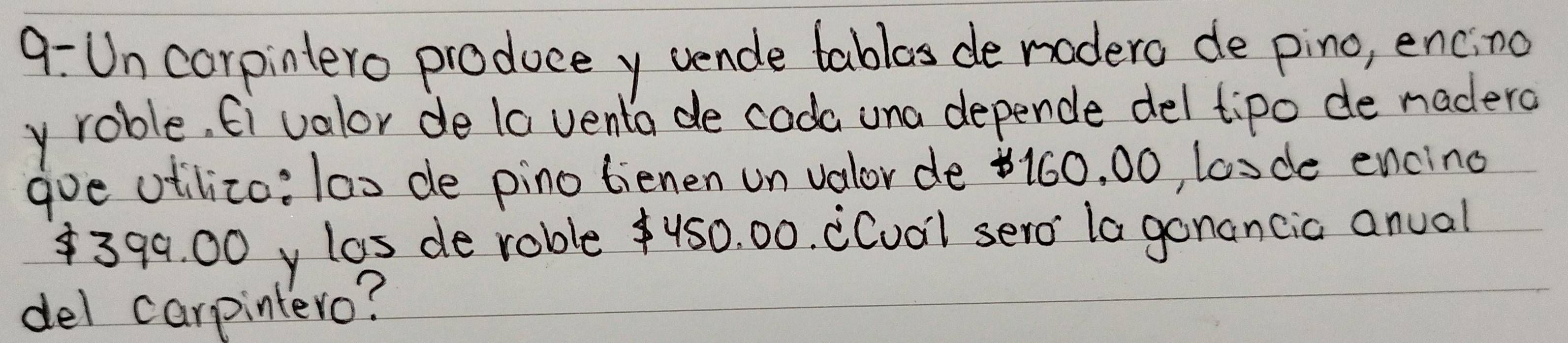 9: Un corpintero produce y vende tablas de modero de pino, encino 
y roble, fi valor de la venta de coda una depende del tipo de madero 
goe otilizo: lax de pino tienen un valor de 160, 00, losde encino
399. 00 y las de rableus0. 00. (Cvo) sero la gonancic anual 
del carpintero?