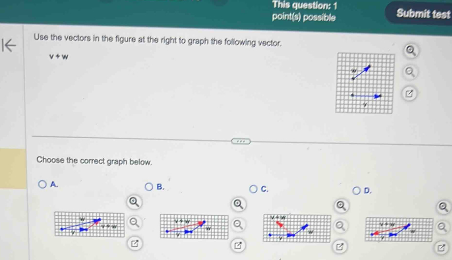 This question: 1
point(s) possible
Submit test
Use the vectors in the figure at the right to graph the following vector.
v+w
Choose the correct graph below.
A.
B.
C.
D.