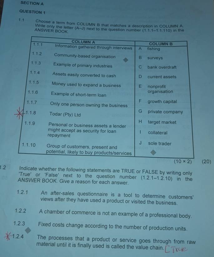 1.1 Choose a term from COLUMN B that matches a description in COLUMN A
Write only the letter (A-J) next to the question number (1,1,1-1,1,110 ) in the
ANSWER BOOK.
0)
1.2 Indicate whether the following statements are TRUE or FALSE by writing only
'True' or 'False' next to the question number (1.2.1-1.2.10) in the
ANSWER BOOK. Give a reason for each answer.
1.2.1 An after-sales questionnaire is a tool to determine customers'
views after they have used a product or visited the business.
1.2.2 A chamber of commerce is not an example of a professional body.
1.2.3 Fixed costs change according to the number of production units.
1.2.4 The processes that a product or service goes through from raw
material until it is finally used is called the value chain.