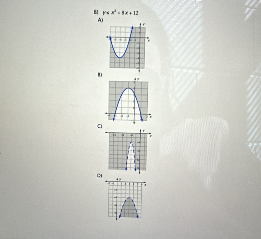 y≤ x^2+8x+12
A)
B
C
D)