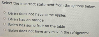 Select the incorrect statement from the options below.
Belen does not have some apples
Belen has an orange
Belen has some fruit on the table
Belen does not have any milk in the refrigerator