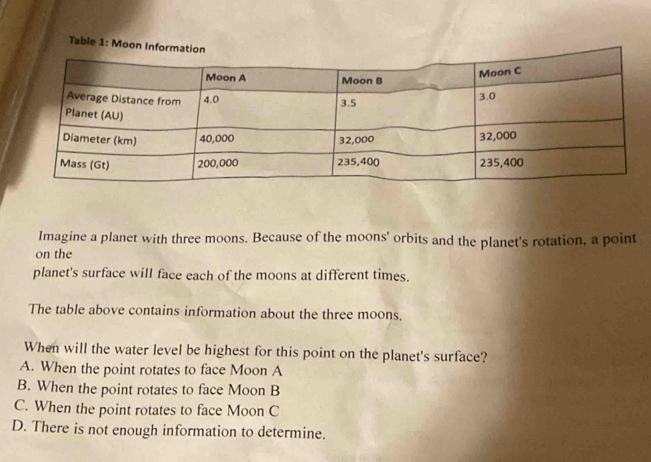 Solved: Table 1: Mo Imagine a planet with three moons. Because of the ...