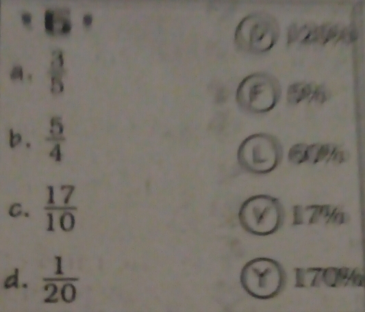 a.  3/5 
F 9
b.  5/4 
L0%
C.  17/10  V17%
d.  1/20  170%