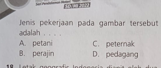 Seri Pendalaman Materi
SD/MI 2022
Jenis pekerjaan pada gambar tersebut
adalah . . . .
A. petani C. peternak
B. perajin D. pedagang