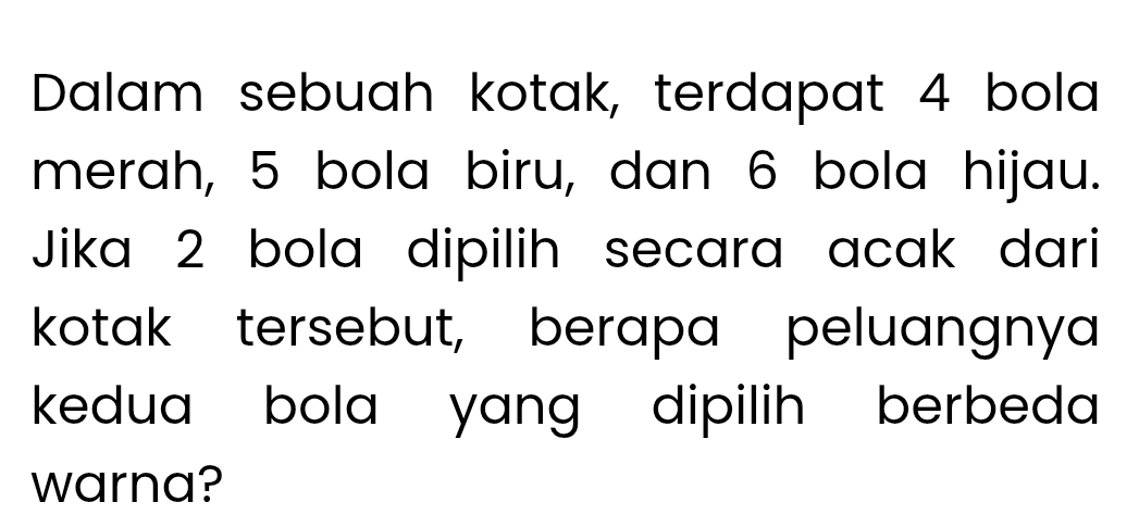 Dalam sebuah kotak, terdapat 4 bola 
merah, 5 bola biru, dan 6 bola hijau. 
Jika 2 bola dipilih secara acak dari 
kotak tersebut, berapa peluangnya 
kedua bola yang dipilih berbeda 
warna?