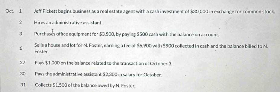 Oct. 1 Jeff Pickett begins business as a real estate agent with a cash investment of $30,000 in exchange for common stock. 
2 Hires an administrative assistant. 
3 Purchases office equipment for $3,500, by paying $500 cash with the balance on account. 
6 Sells a house and lot for N. Foster, earning a fee of $6,900 with $900 collected in cash and the balance billed to N. 
Foster. 
27 Pays $1,000 on the balance related to the transaction of October 3. 
30 Pays the administrative assistant $2,300 in salary for October. 
31 Collects $1,500 of the balance owed by N. Foster.