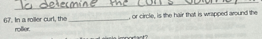 In a roller curl, the_ , or circle, is the hair that is wrapped around the 
roller. 
important