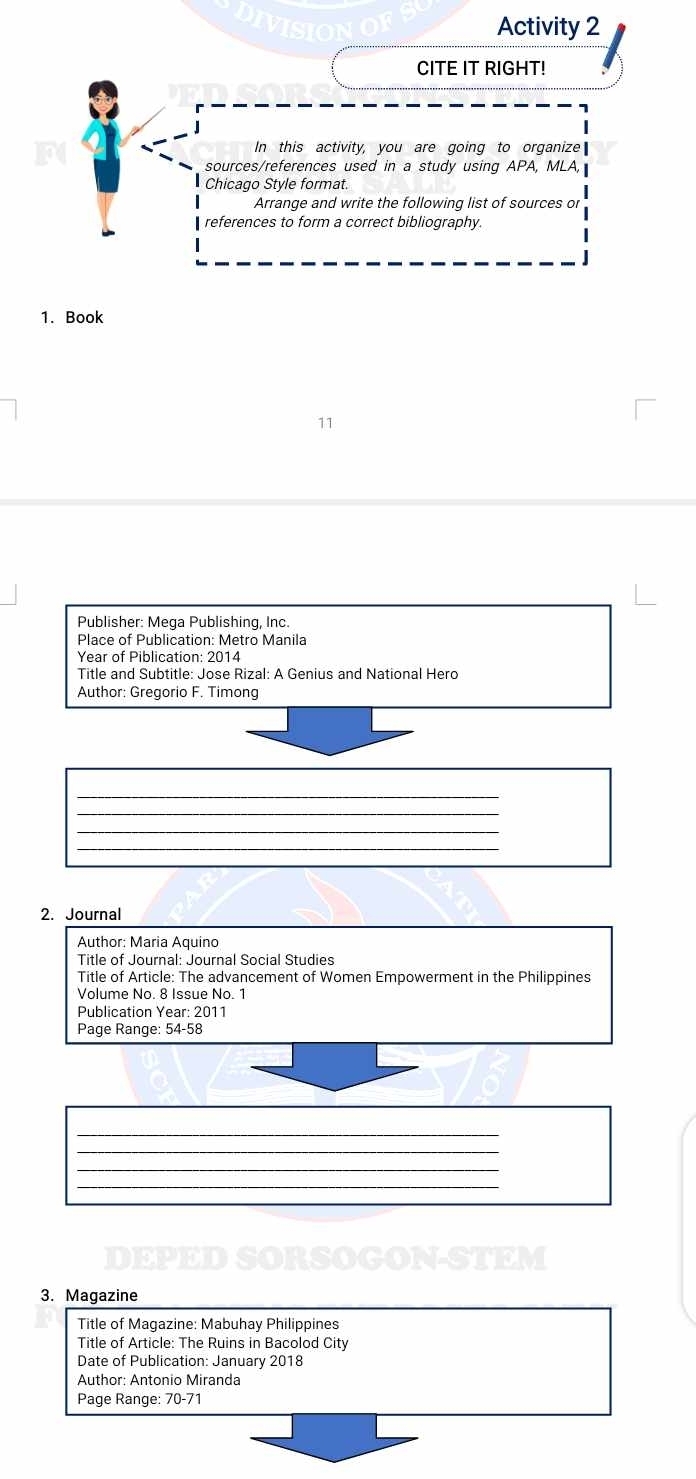 Book 
11 
Publisher: Mega Publishing, Inc. 
Place of Publication: Metro Manila 
Year of Piblication: 2014 
Title and Subtitle: Jose Rizal: A Genius and National Hero 
Author: Gregorio F. Timong 
_ 
_ 
2. Journal 
Author: Maria Aquino 
Title of Journal: Journal Social Studies 
Title of Article: The advancement of Women Empowerment in the Philippines 
Volume No. 8 Issue No. 1 
Publication Year: 2011 
Page Range: 54-58
_ 
_ 
_ 
_ 
3. Magazine 
Title of Magazine: Mabuhay Philippines 
Title of Article: The Ruins in Bacolod City 
Date of Publication: January 2018 
Author: Antonio Miranda 
Page Range: 70-71