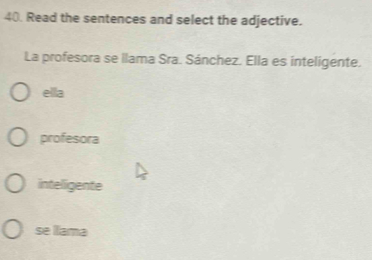 Read the sentences and select the adjective.
La profesora se llama Sra. Sánchez. Ella es inteligente.
ella
profesora
inteligente
se llama