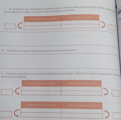 As grandezas são diretamente proporcionais ou inversamente proporcionais? Utilize a tabea 
para organizar os clados e indicar a razão de proporcionalidade. 

d. Se fossem sorteadas 30 pessoas, quanto cada uma ganharia? 
e. Compare, em relação as outras possiblidades apresentadas, utilizando a tabela. E apresente o coeloes 
de proporcionalidade