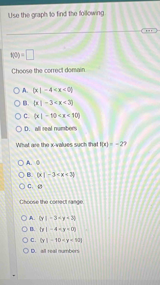 Use the graph to find the following.
f(0)=□
Choose the correct domain.
A.  x|-4
B.  x|-3
C.  x|-10
D. all real numbers
What are the x -values such that f(x)=-2 ?
A. 0
B.  x|-3
C. ∅
Choose the correct range.
A.  y|-3
B.  y|-4
C.  y|-10
D. all real numbers