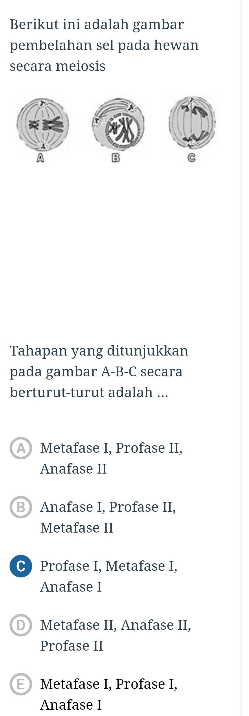 Berikut ini adalah gambar
pembelahan sel pada hewan
secara meiosis
A
3
C
Tahapan yang ditunjukkan
pada gambar A-B-C secara
berturut-turut adalah ...
A Metafase I, Profase II,
Anafase II
B Anafase I, Profase II,
Metafase II
C) Profase I, Metafase I,
Anafase I
D Metafase II, Anafase II,
Profase II
E Metafase I, Profase I,
Anafase I