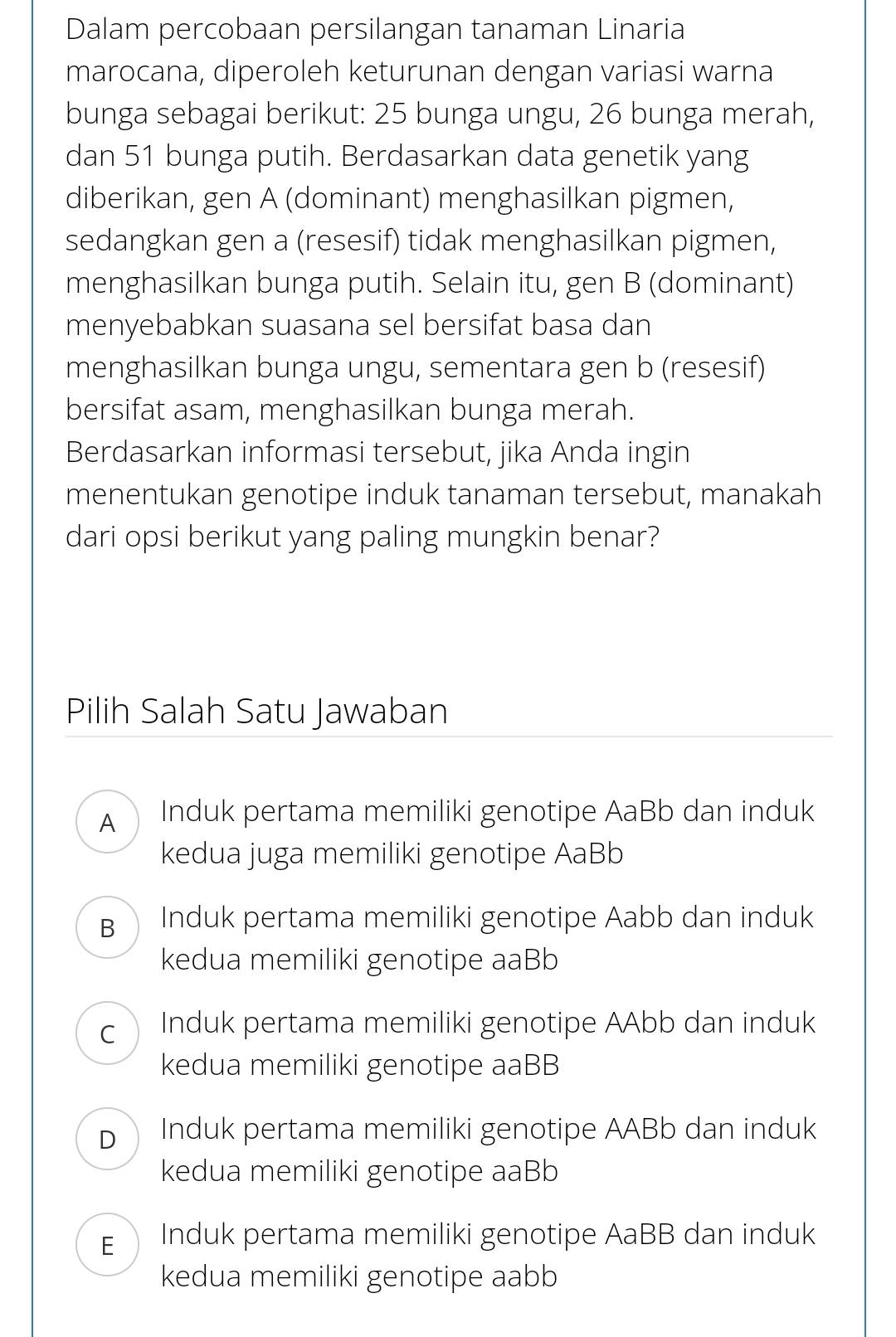 Dalam percobaan persilangan tanaman Linaria
marocana, diperoleh keturunan dengan variasi warna
bunga sebagai berikut: 25 bunga ungu, 26 bunga merah,
dan 51 bunga putih. Berdasarkan data genetik yang
diberikan, gen A (dominant) menghasilkan pigmen,
sedangkan gen a (resesif) tidak menghasilkan pigmen,
menghasilkan bunga putih. Selain itu, gen B (dominant)
menyebabkan suasana sel bersifat basa dan
menghasilkan bunga ungu, sementara gen b (resesif)
bersifat asam, menghasilkan bunga merah.
Berdasarkan informasi tersebut, jika Anda ingin
menentukan genotipe induk tanaman tersebut, manakah
dari opsi berikut yang paling mungkin benar?
Pilih Salah Satu Jawaban
A Induk pertama memiliki genotipe AaBb dan induk
kedua juga memiliki genotipe AaBb
B Induk pertama memiliki genotipe Aabb dan induk
kedua memiliki genotipe aaBb
C Induk pertama memiliki genotipe AAbb dan induk
kedua memiliki genotipe aaBB
D Induk pertama memiliki genotipe AABb dan induk
kedua memiliki genotipe aaBb
E  Induk pertama memiliki genotipe AaBB dan induk
kedua memiliki genotipe aabb