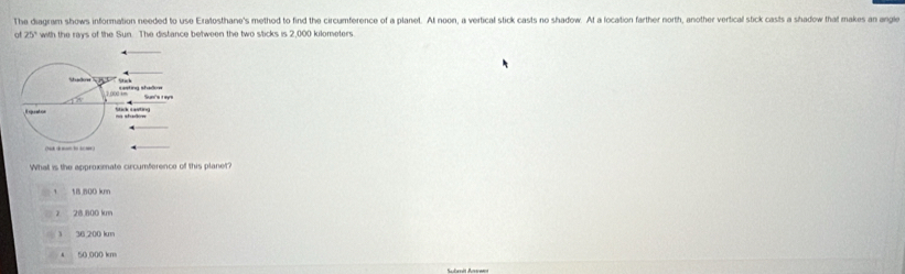 The diagram shows information needed to use Eratosthane's method to find the circumference of a planet. At noon, a vertical stick casts no shadow. At a location farther north, another vertical stick casts a shadow that makes an angle
a 25° with the rays of the Sun. The distance between the two sticks is 2,000 kilometers
Whall is the approximate circumference of this planet?
18.800 km
28.800 km
36 200 km
50.000 km