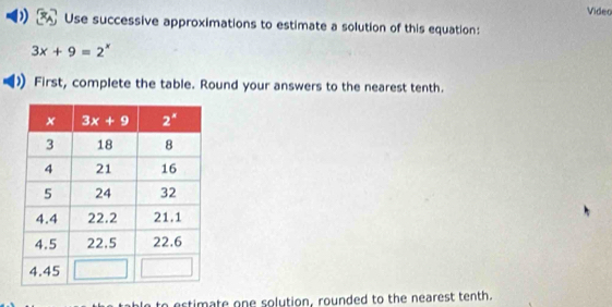 Video
Use successive approximations to estimate a solution of this equation:
3x+9=2^x
First, complete the table. Round your answers to the nearest tenth.
n to estimate one solution, rounded to the nearest tenth.