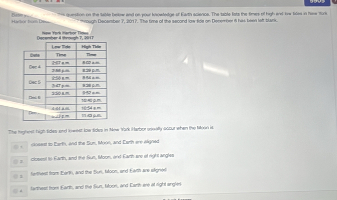 5903
Base yo    this question on the table below and on your knowledge of Earth science. The table lists the times of high and low tides in New York
Harbor from Desu   through December 7, 2017. The time of the second low tide on December 6 has been left blank.
New York Harbor Tides
The highest high tides and lowest low tides in New York Harbor usually occur when the Moon is
t closest to Earth, and the Sun, Moon, and Earth are aligned
a 2 closest to Earth, and the Sun, Moon, and Earth are at right angles
@ 2 farthest from Earth, and the Sun, Moon, and Earth are aligned
② A tarthest from Earth, and the Sun, Moon, and Earth are at right angles