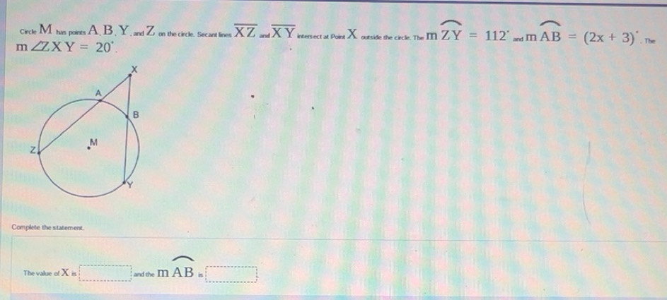 Solved: circle M. has points A.. B , Y, and Z on the circle. Secant ...