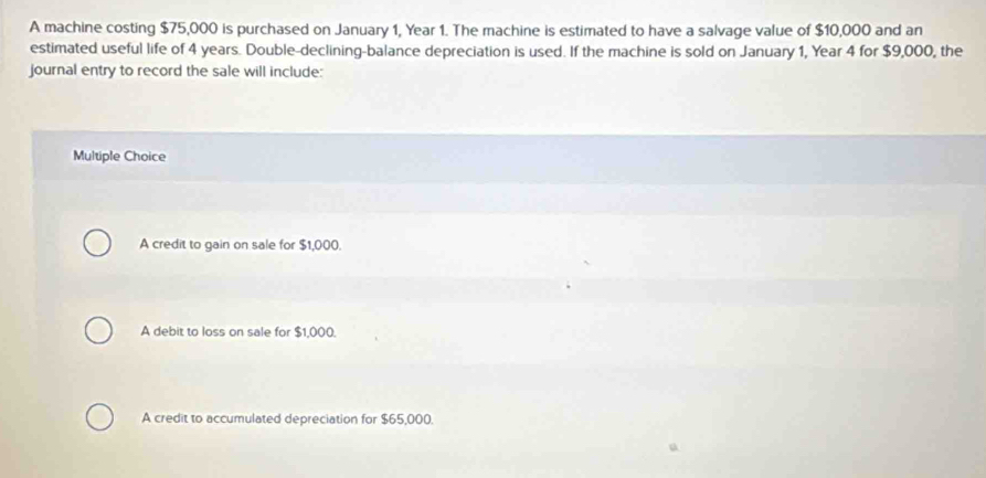 A machine costing $75,000 is purchased on January 1, Year 1. The machine is estimated to have a salvage value of $10,000 and an
estimated useful life of 4 years. Double-declining-balance depreciation is used. If the machine is sold on January 1, Year 4 for $9,000, the
journal entry to record the sale will include:
Multiple Choice
A credit to gain on sale for $1,000.
A debit to loss on sale for 51000 )
A credit to accumulated depreciation for $65,000.