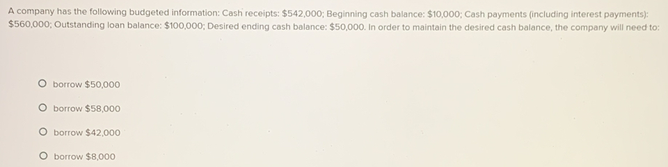 A company has the following budgeted information: Cash receipts: $542,000; Beginning cash balance: $10,000; Cash payments (including interest payments):
$560,000; Outstanding loan balance: $100,000; Desired ending cash balance: $50,000. In order to maintain the desired cash balance, the company will need to:
borrow $50,000
borrow $58,000
borrow $42,000
borrow $8,000