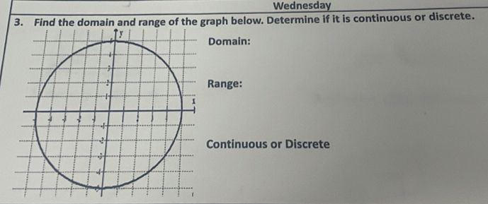 Wednesday 
3. Find the domain and range of the graph below. Determine if it is continuous or discrete. 
omain: 
ange: 
ontinuous or Discrete