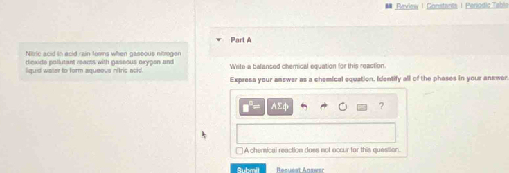 # Review | Constants 1 Periodic Table 
Part A 
Nitric acid in acid rain forms when gaseous nitrogen 
dioxide pollutant reacts with gaseous oxygen and 
liquid water to form aqueous nitric acid. Write a balanced chemical equation for this reaction. 
Express your answer as a chemical equation. Identify all of the phases in your answer.
□^(□)=
? 
A chemical reaction does not occur for this question. 
Submit Request Answer