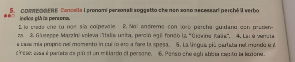 cORREGGERE Cancella i pronomi personali soggetto che non sono necessari perché il verbo 
indica già la persona. 
1. Io credo che tu non sia colpevole. 2. Noi andremo con loro perché guidano con pruden- 
za. 3. Giuseppe Mazzini voleva l’Italia unita, perciò egli fondò la “Giovine Italia”. 4. Lei è venuta 
a casa mia proprio nel momento in cui io ero a fare la spesa. 5. La lingua più parlata nel mondo è il 
cinese: essa è parlata da più di un miliardo di persone. 6. Penso che egli abbia capito la lezione.