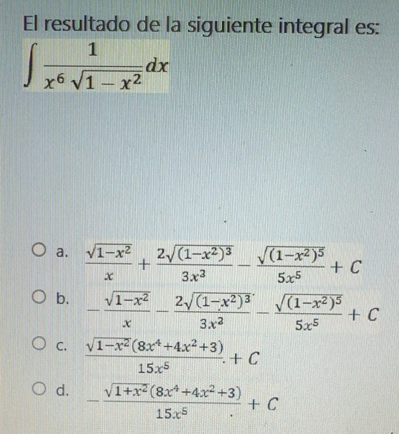 ResueltoEl resultado de la siguiente integral es ∈t 1/x^6sqrt(1x^2 — free download