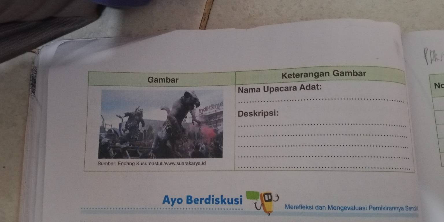 Gambar Keterangan Gambar 
_ 
Nama Upacara Adat: 
Nc 
ndiH ame 
Deskripsi: 
_ 
_ 
_ 
_ 
Sumber: Endang Kusumastuti/www.suarakarya.id_ 
Ayo Berdiskusi 
Merefleksi dan Mengevaluasi Pemikirannya Sendiri