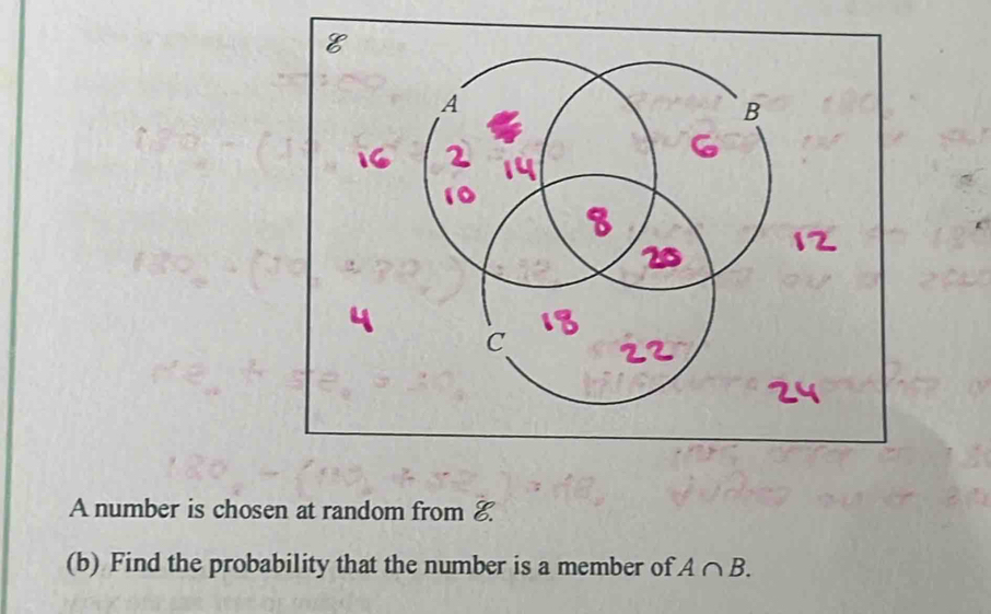 A number is chosen at random from & 
(b) Find the probability that the number is a member of A∩ B.