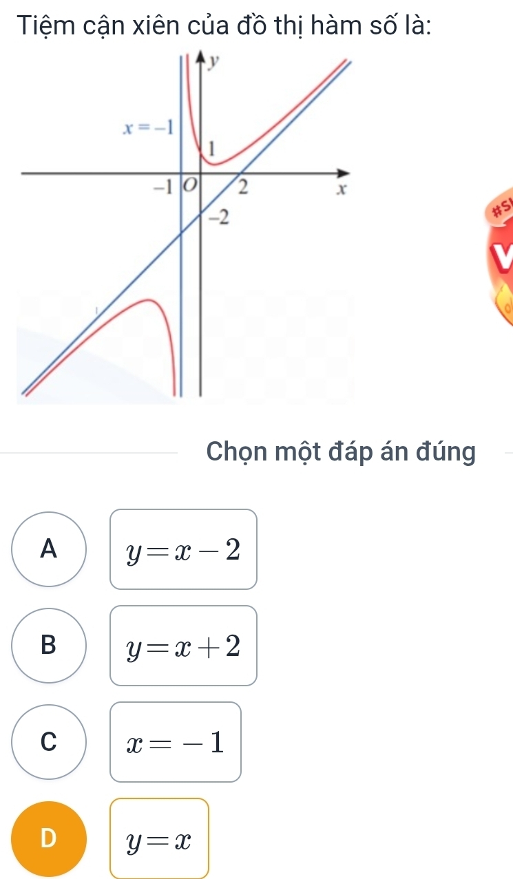 Tiệm cận xiên của đồ thị hàm số là:
#Si
Chọn một đáp án đúng
A y=x-2
B y=x+2
C x=-1
D y=x