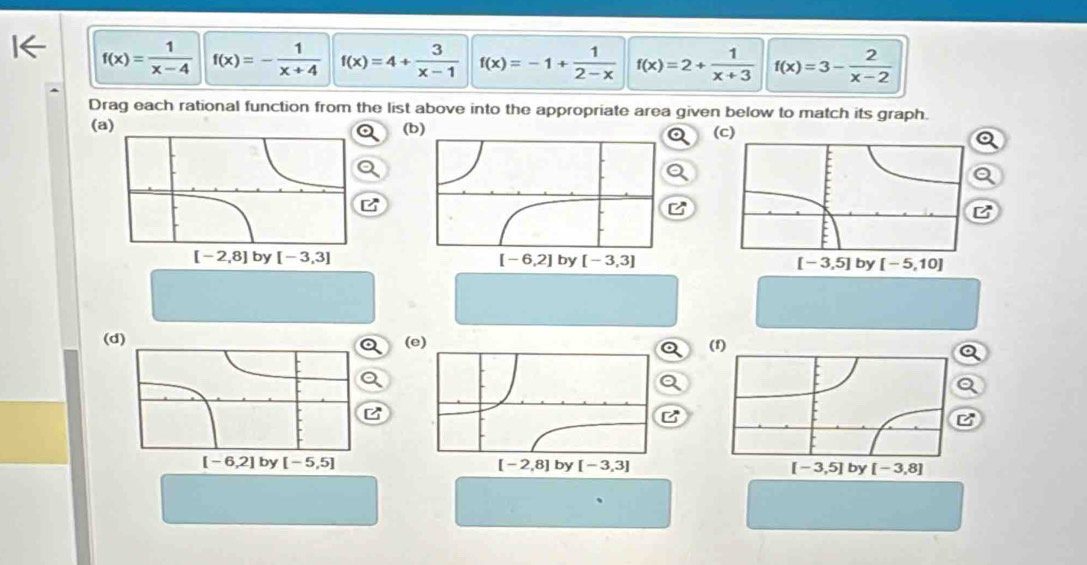 f(x)= 1/x-4  f(x)=- 1/x+4  f(x)=4+ 3/x-1  f(x)=-1+ 1/2-x  f(x)=2+ 1/x+3  f(x)=3- 2/x-2 
Drag each rational function from the list above into the appropriate area given below to match its graph.
(a) ((c)
B
(d) (e)