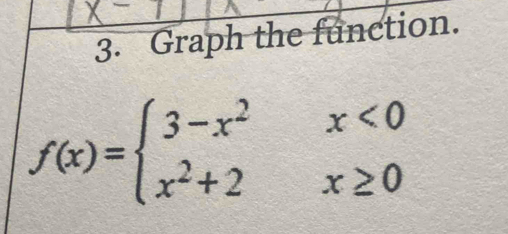 Graph the function.
f(x)=beginarrayl 3-x^2x<0 x^2+2x≥ 0endarray.