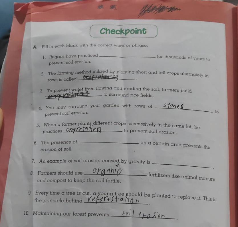 Checkpoint 
A. Fill in each blank with the correct word or phrase. 
1. Ifugaos have practiced_ 
for thousands of years to 
prevent soil erosion. 
2. The farming method utilized by planting short and tall crops alternately in 
rows is called _ 
. 
3. To prevent water from flowing and eroding the soil, farmers build 
_ 
_to surround rice fields. 
4. You may surround your garden with rows of_ 
prevent soil erosion. 
to 
5. When a farmer plants different crops successively in the same lot, he 
practices _to prevent soil erosion. 
6. The presence of_ 
on a certain area prevents the 
erosion of soil. 
7. An example of soil erosion caused by gravity is_ 
. 
8. Farmers should use_ 
fertilizers like animal manure 
and compost to keep the soil fertile. 
9. Every time a tree is cut, a young tree should be planted to replace it. This is 
the principle behind _ 
`. 
10. Maintaining our forest prevents 
_ 
.