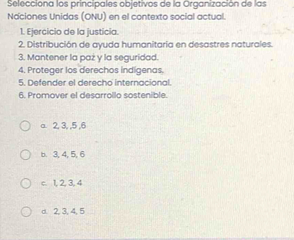 Selecciona los principales objetivos de la Organización de las
Naciones Unidas (ONU) en el contexto social actual.
1. Ejercicio de la justicia.
2. Distribución de ayuda humanitaria en desastres naturales.
3. Mantener la paż y la seguridad.
4. Proteger los derechos indigenas.
5. Defender el derecho internacional.
6. Promover el desarrollo sostenible.
a. 2, 3, , 5 , 6
b. 3, 4, 5, 6
c. 1, 2, 3, 4
d. 2, 3, 4, 5