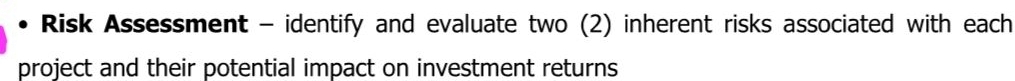 Risk Assessment - identify and evaluate two (2) inherent risks associated with each 
project and their potential impact on investment returns