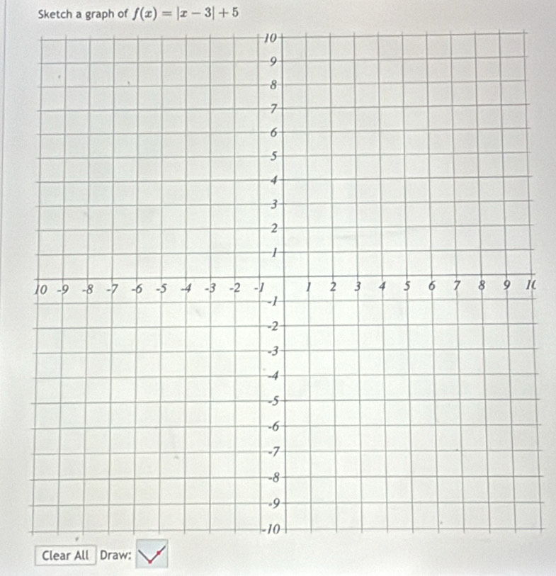 Sketch a graph of f(x)=|x-3|+5
1( 
Clear All Draw: