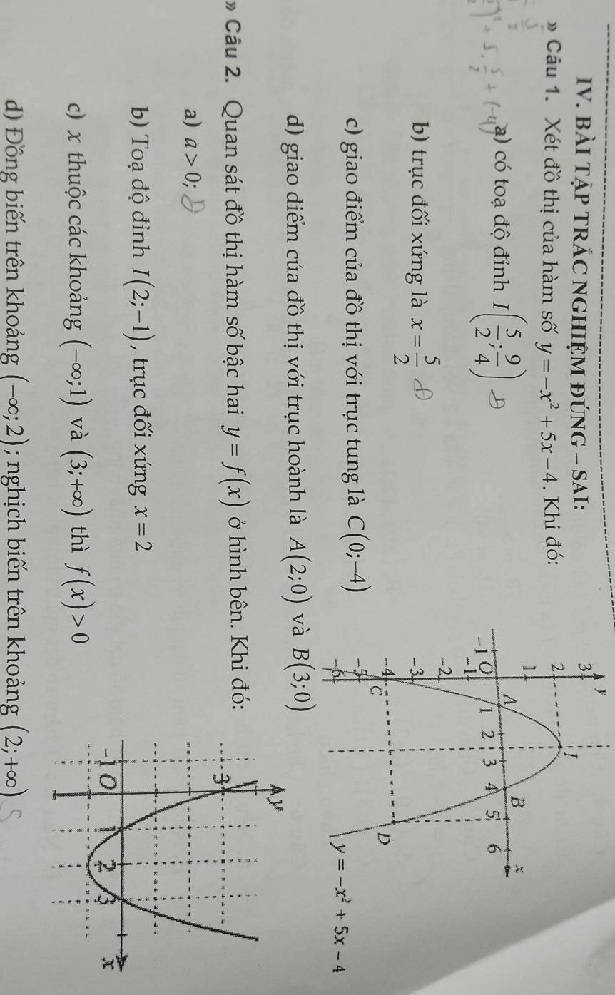 BÀI TẠP TRÁC NGHIỆM ĐÚNG - SAI: 
» Câu 1. Xét đồ thị của hàm số y=-x^2+5x-4. Khi đó:
a) có toạ độ đỉnh I( 5/2 ; 9/4 )
b) trục đối xứng là x= 5/2 
c) giao điểm của đồ thị với trục tung là C(0;-4)
y=-x^2+5x-4
d) giao điểm của đồ thị với trục hoành là A(2;0) v
Câu 2. Quan sát đồ thị hàm số bậc hai y=f(x) ở hình bên. Khi đó:
a) a>0
b) Toạ độ đỉnh I(2;-1) , trục đối xứng x=2
c) x thuộc các khoảng (-∈fty ;1) và (3;+∈fty ) thì f(x)>0
d) Đồng biến trên khoảng (-∈fty ;2); nghịch biến trên khoảng (2;+∈fty )