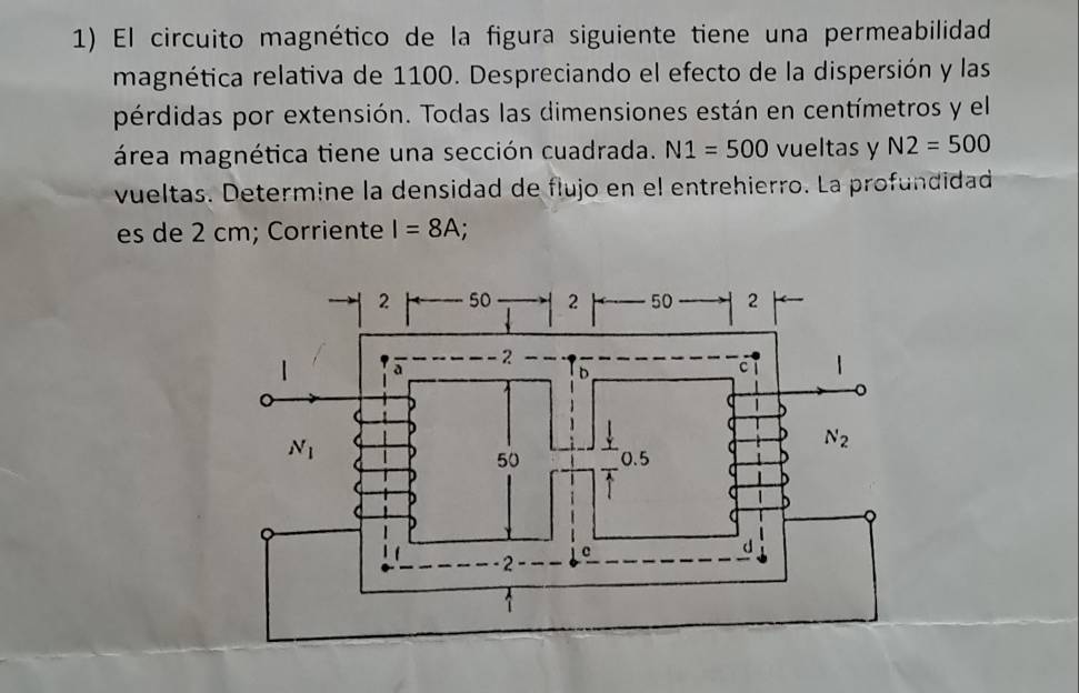 El circuito magnético de la figura siguiente tiene una permeabilidad
magnética relativa de 1100. Despreciando el efecto de la dispersión y las
pérdidas por extensión. Todas las dimensiones están en centímetros y el
área magnética tiene una sección cuadrada. N1=500 vueltas y N2=500
vueltas. Determine la densidad de flujo en el entrehierro. La profundidad
es de 2 cm; Corriente I=8A;