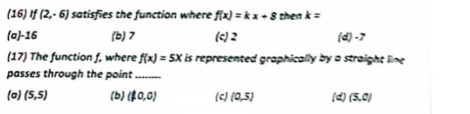 (16) If (2,-6) satisfies the function where f(x)=kx+8 then k=
(a) -16 (b) 7 (c) 2 (d) -7
(17) The function f, where f(x)=5x is represented graphically by a straight line .
passes through the point_
(a) (5,5) (b) (10,0) (c) (0,5) (d) (5,c)