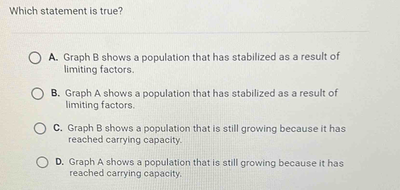 Which statement is true?
A. Graph B shows a population that has stabilized as a result of
limiting factors.
B. Graph A shows a population that has stabilized as a result of
limiting factors.
C. Graph B shows a population that is still growing because it has
reached carrying capacity.
D. Graph A shows a population that is still growing because it has
reached carrying capacity.