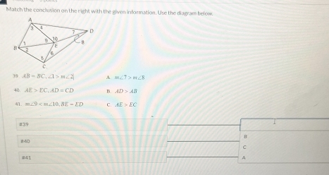 Match the conclusion on the right with the given information. Use the diagram below.
39 AB=BC, ∠ 1>m∠ 2 A m∠ 7>m∠ 8
40 AE>EC, AD=CD B. AD>AB
41. m∠ 9 , BE=ED C. AE>EC
#39
1
B
a 
C
#41 A