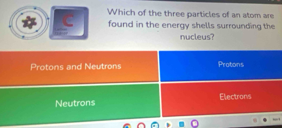 Which of the three particles of an atom are
found in the energy shells surrounding the
120107 Carbon
nucleus?
Protons and Neutrons Protons
Neutrons Electrons
NoV 8