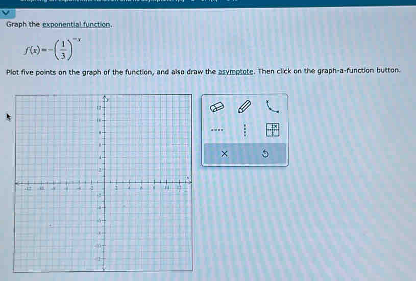 Graph the exponential function.
f(x)=-( 1/3 )^-x
Plot five points on the graph of the function, and also draw the asymptote. Then click on the graph-a-function button. 
---- 
×