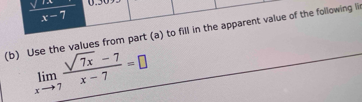 frac surd 1xx-7
(b) Use the values from part (a) to fill in the apparent value of the following li
limlimits _xto 7 (sqrt(7x)-7)/x-7 =□